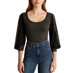 Anthropologie KNITTED & KNOTTED Sheer Lace Sleeve Top